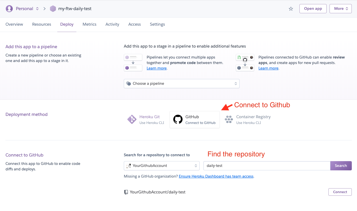Heroku: Connect the app with Github repository